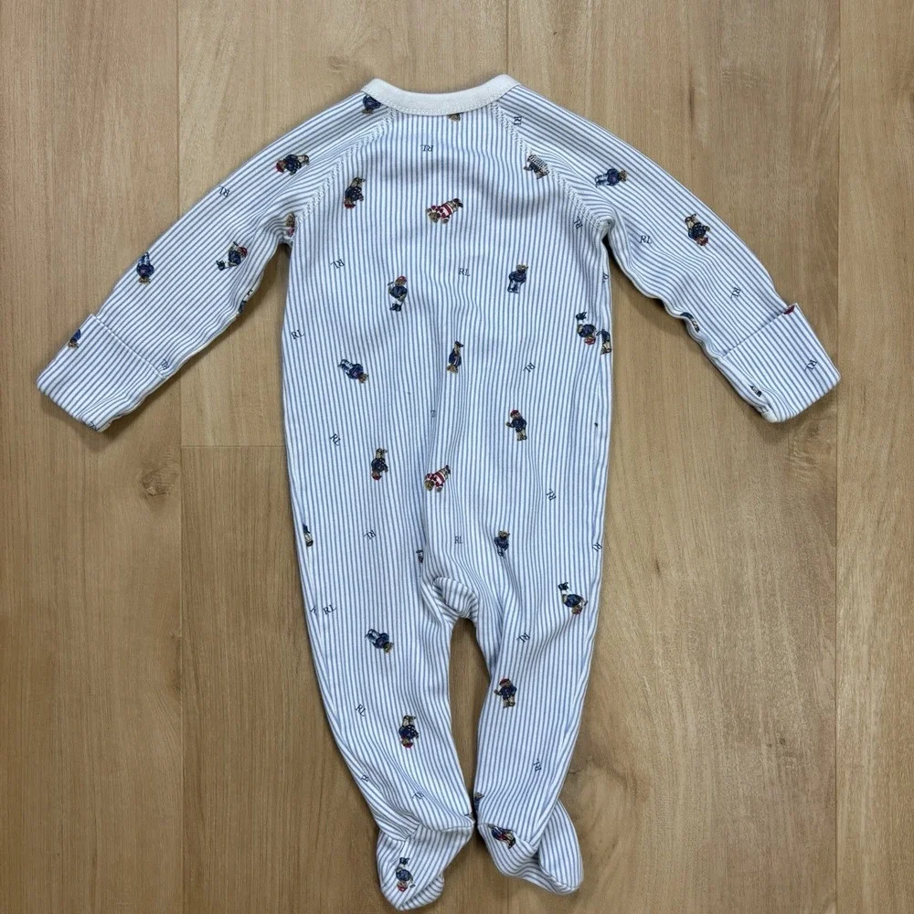 Ralph Lauren Baby Sleeper Blue Stripe Polo Bear Footed Pajamas Cotton 6M